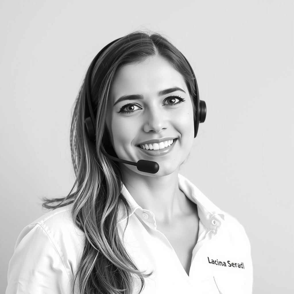 Profesjonalne zdjęcie uśmiechniętej specjalistki ds. obsługi klienta, z neutralnym tłem, bez tekstu.