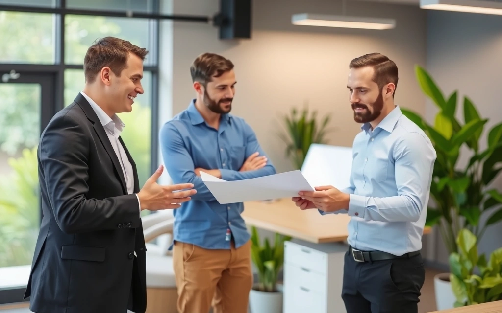 Zdjęcie przedstawiające założycieli Naturalnezdrowieplus, dyskutujących nad planami rozwoju w nowoczesnym, ekologicznym biurze, z zielonymi roślinami w tle.
