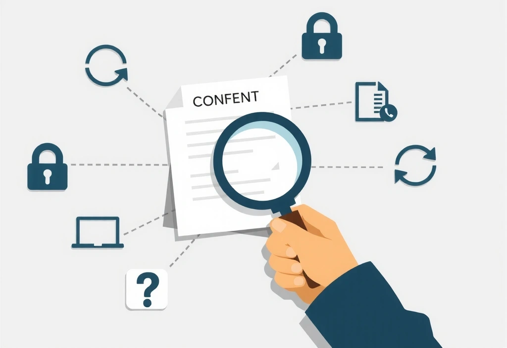 Ilustracja przedstawiająca osobę czytającą dokumenty z lupą, symbolizującą analizę i zgodę na przetwarzanie danych