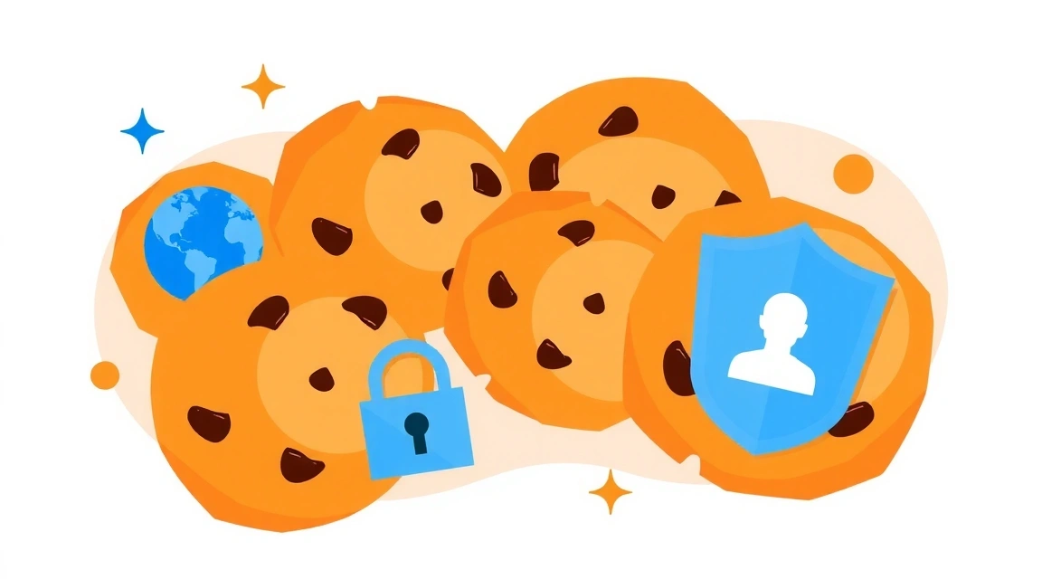 Ilustracja przedstawiająca ciasteczka z symbolem ochrony prywatności i małymi ikonami internetu.