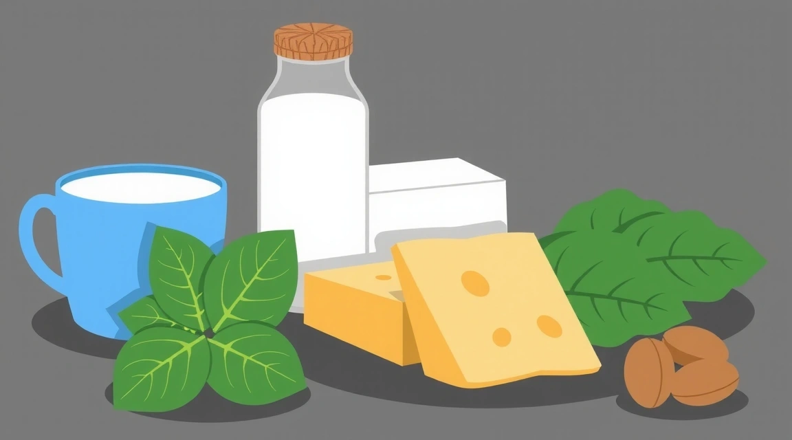 Stylized illustration of various calcium-rich foods like milk, cheese, leafy greens, and nuts