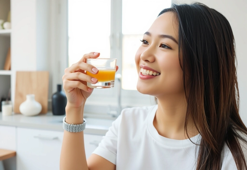 Kobieta pijąca wodę z tabletką witaminy C, symbolizująca zdrowy styl życia