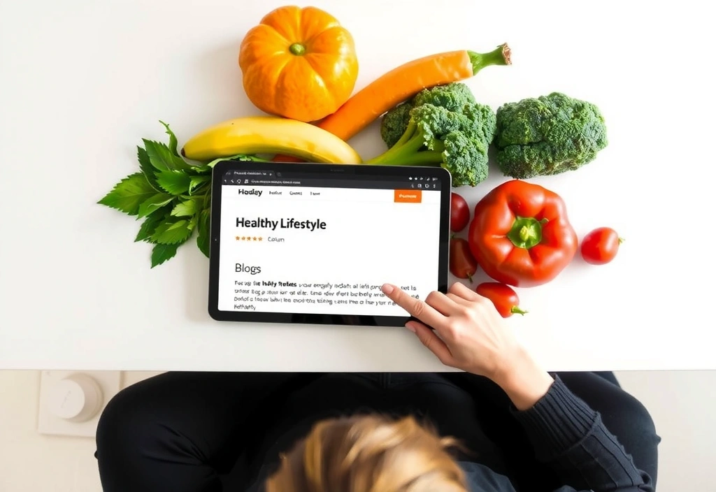 Osoba czytająca bloga o zdrowym stylu życia na tablecie, otoczona świeżymi owocami i warzywami.