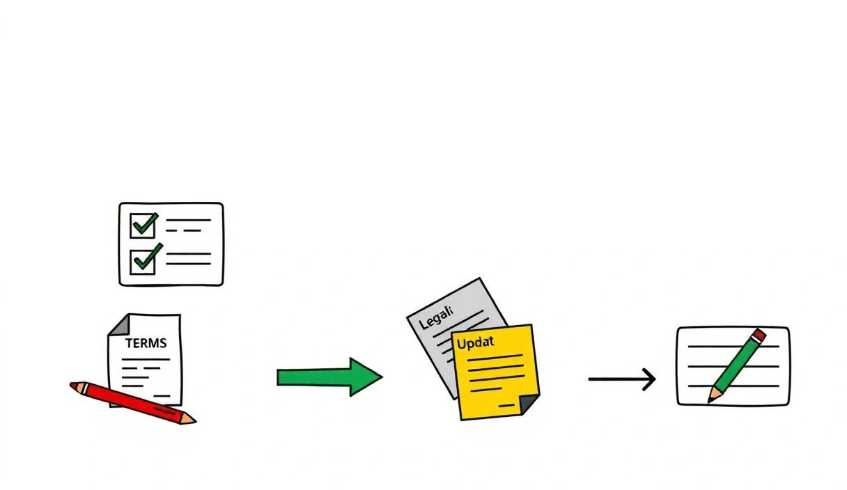 Stylowa ilustracja przedstawiająca dokumenty prawne i zmieniające się zasady, symbolizująca elastyczność i aktualizację regulaminu.